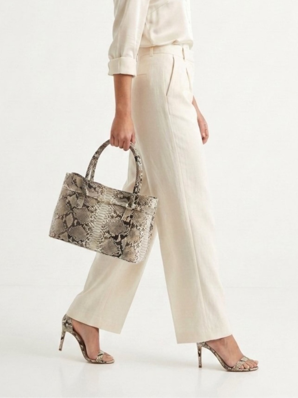 New Grand Pelle Python Leather Tote Bag Handbag w/ Shoulder Strap Brown Cream